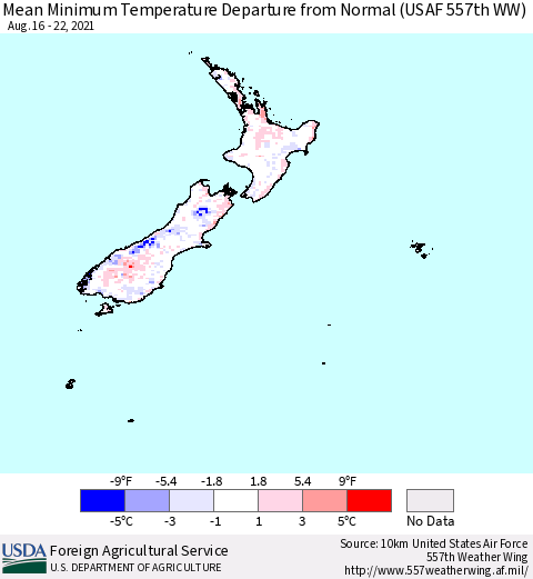 New Zealand Mean Minimum Temperature Departure from Normal (USAF 557th WW) Thematic Map For 8/16/2021 - 8/22/2021