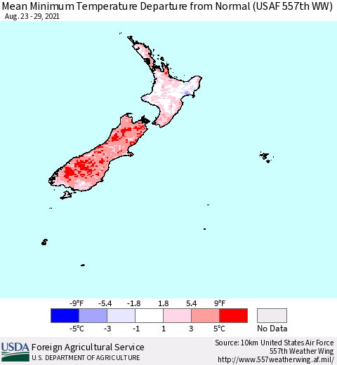New Zealand Mean Minimum Temperature Departure from Normal (USAF 557th WW) Thematic Map For 8/23/2021 - 8/29/2021