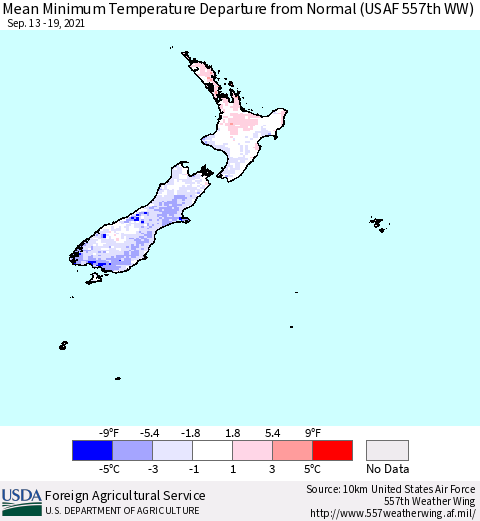 New Zealand Mean Minimum Temperature Departure from Normal (USAF 557th WW) Thematic Map For 9/13/2021 - 9/19/2021