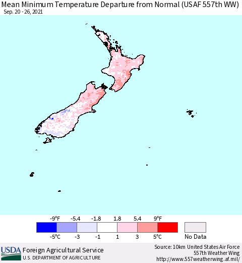 New Zealand Mean Minimum Temperature Departure from Normal (USAF 557th WW) Thematic Map For 9/20/2021 - 9/26/2021