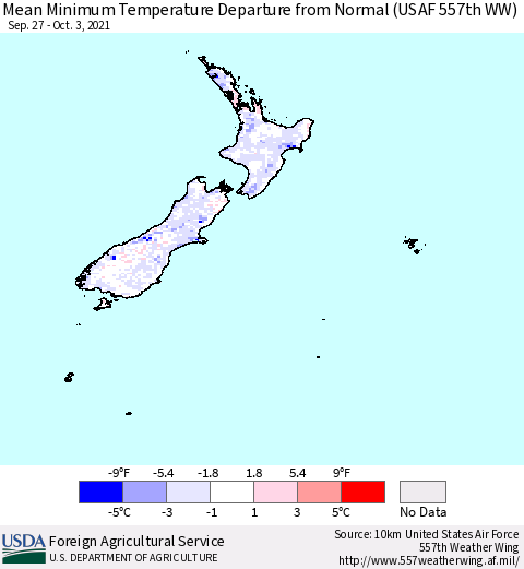 New Zealand Mean Minimum Temperature Departure from Normal (USAF 557th WW) Thematic Map For 9/27/2021 - 10/3/2021