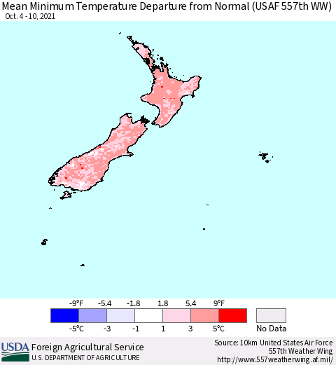 New Zealand Mean Minimum Temperature Departure from Normal (USAF 557th WW) Thematic Map For 10/4/2021 - 10/10/2021