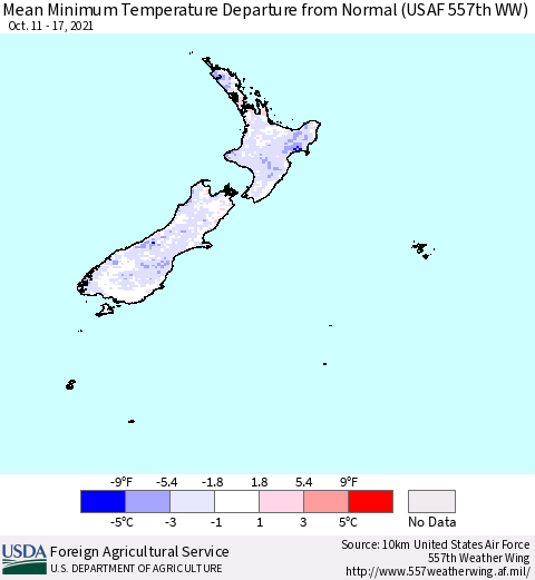 New Zealand Mean Minimum Temperature Departure from Normal (USAF 557th WW) Thematic Map For 10/11/2021 - 10/17/2021