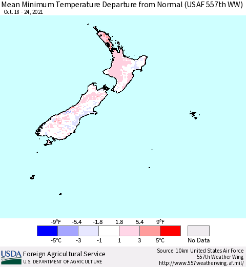 New Zealand Mean Minimum Temperature Departure from Normal (USAF 557th WW) Thematic Map For 10/18/2021 - 10/24/2021