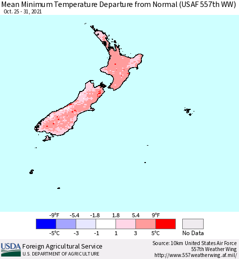 New Zealand Mean Minimum Temperature Departure from Normal (USAF 557th WW) Thematic Map For 10/25/2021 - 10/31/2021