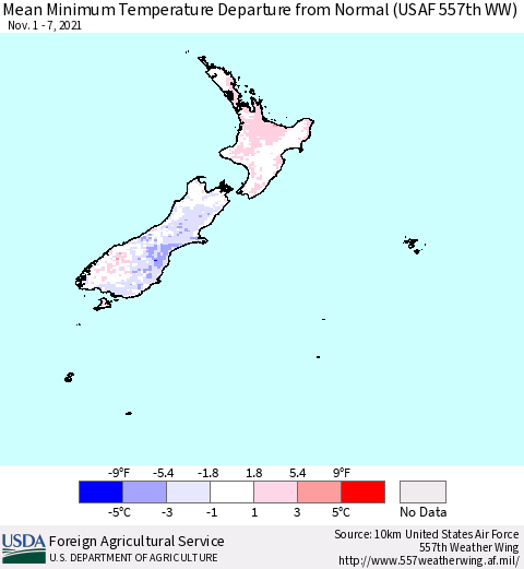 New Zealand Mean Minimum Temperature Departure from Normal (USAF 557th WW) Thematic Map For 11/1/2021 - 11/7/2021