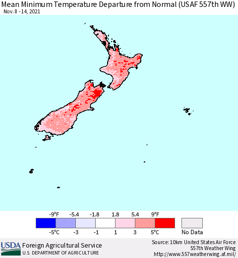 New Zealand Mean Minimum Temperature Departure from Normal (USAF 557th WW) Thematic Map For 11/8/2021 - 11/14/2021