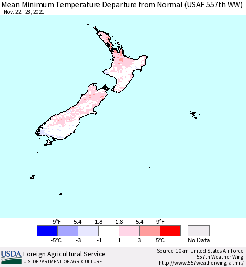 New Zealand Mean Minimum Temperature Departure from Normal (USAF 557th WW) Thematic Map For 11/22/2021 - 11/28/2021