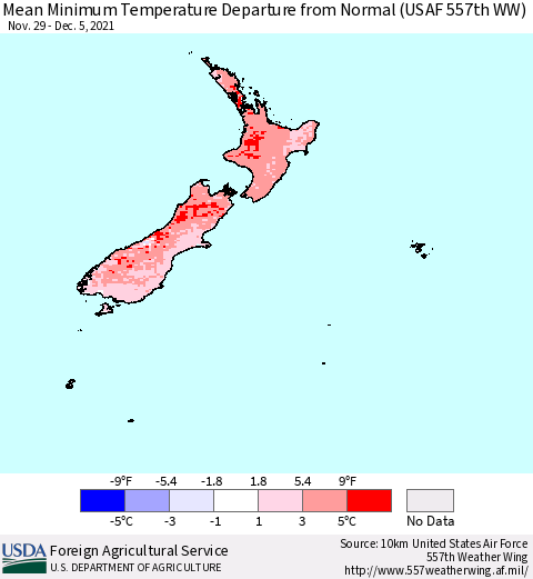 New Zealand Mean Minimum Temperature Departure from Normal (USAF 557th WW) Thematic Map For 11/29/2021 - 12/5/2021