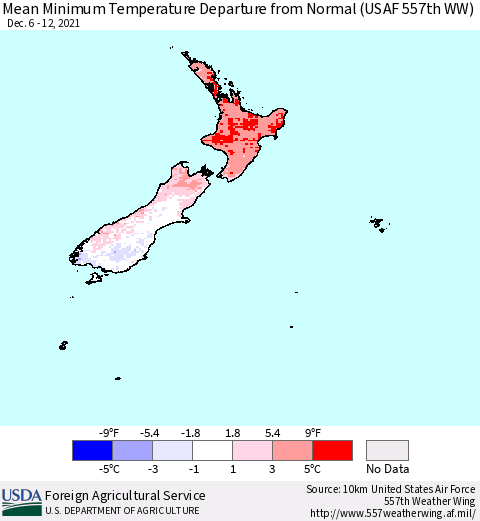 New Zealand Mean Minimum Temperature Departure from Normal (USAF 557th WW) Thematic Map For 12/6/2021 - 12/12/2021
