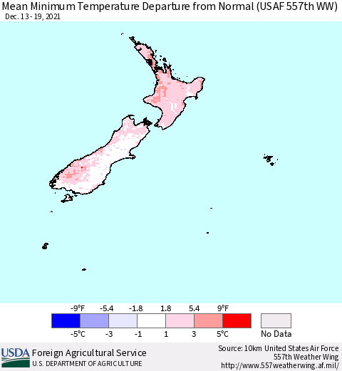 New Zealand Mean Minimum Temperature Departure from Normal (USAF 557th WW) Thematic Map For 12/13/2021 - 12/19/2021