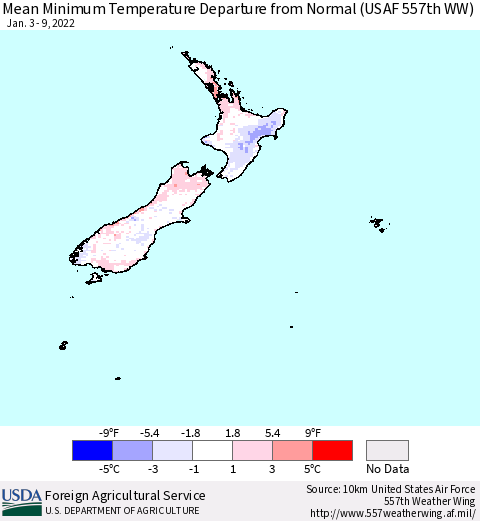 New Zealand Mean Minimum Temperature Departure from Normal (USAF 557th WW) Thematic Map For 1/3/2022 - 1/9/2022