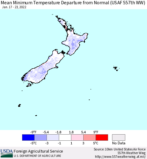New Zealand Mean Minimum Temperature Departure from Normal (USAF 557th WW) Thematic Map For 1/17/2022 - 1/23/2022