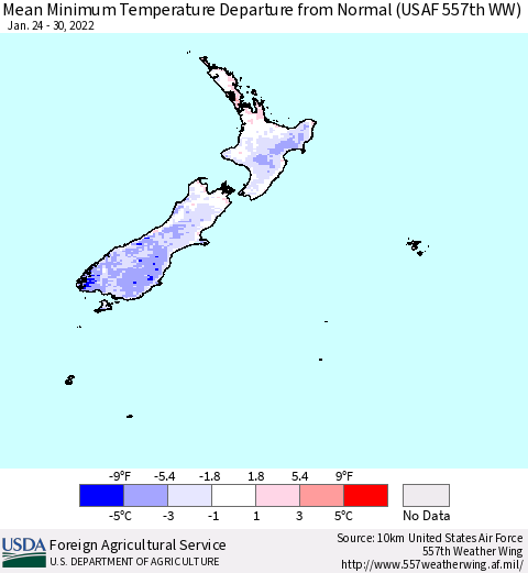 New Zealand Mean Minimum Temperature Departure from Normal (USAF 557th WW) Thematic Map For 1/24/2022 - 1/30/2022