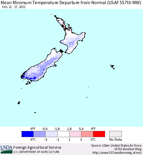 New Zealand Mean Minimum Temperature Departure from Normal (USAF 557th WW) Thematic Map For 2/21/2022 - 2/27/2022