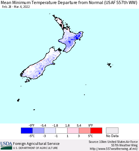 New Zealand Mean Minimum Temperature Departure from Normal (USAF 557th WW) Thematic Map For 2/28/2022 - 3/6/2022