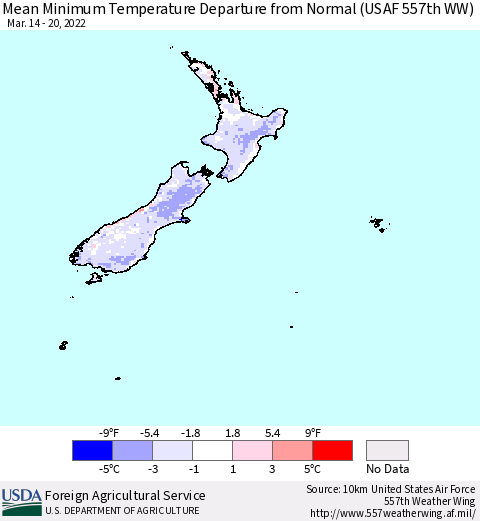 New Zealand Mean Minimum Temperature Departure from Normal (USAF 557th WW) Thematic Map For 3/14/2022 - 3/20/2022