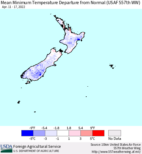New Zealand Mean Minimum Temperature Departure from Normal (USAF 557th WW) Thematic Map For 4/11/2022 - 4/17/2022