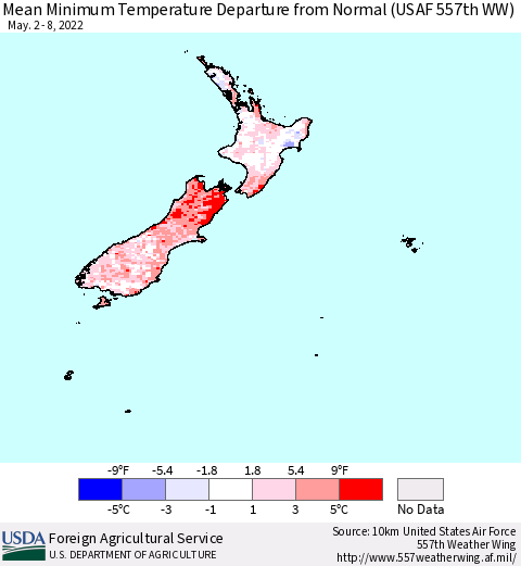 New Zealand Mean Minimum Temperature Departure from Normal (USAF 557th WW) Thematic Map For 5/2/2022 - 5/8/2022