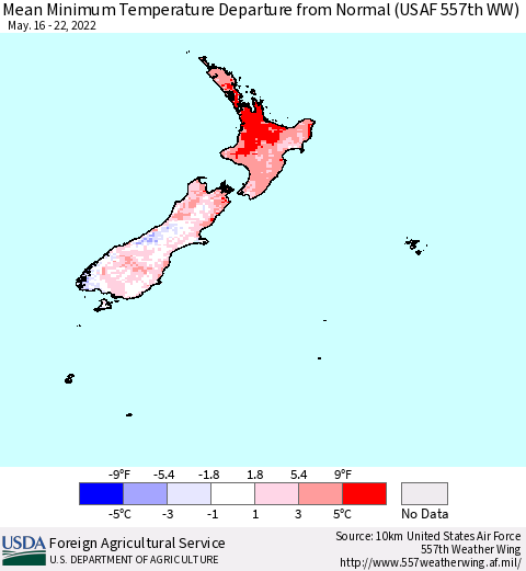 New Zealand Mean Minimum Temperature Departure from Normal (USAF 557th WW) Thematic Map For 5/16/2022 - 5/22/2022