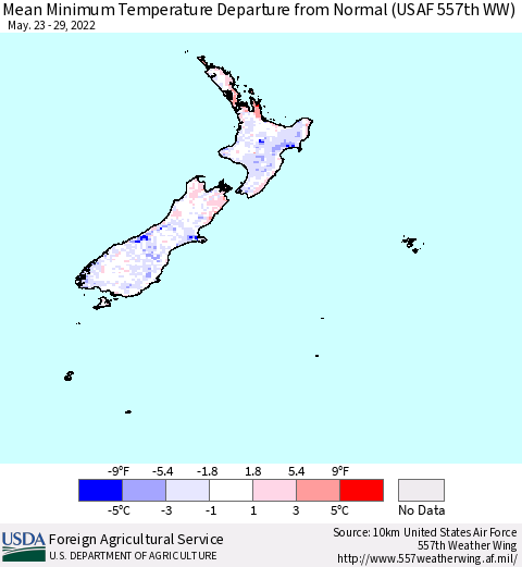 New Zealand Mean Minimum Temperature Departure from Normal (USAF 557th WW) Thematic Map For 5/23/2022 - 5/29/2022