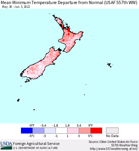 New Zealand Mean Minimum Temperature Departure from Normal (USAF 557th WW) Thematic Map For 5/30/2022 - 6/5/2022