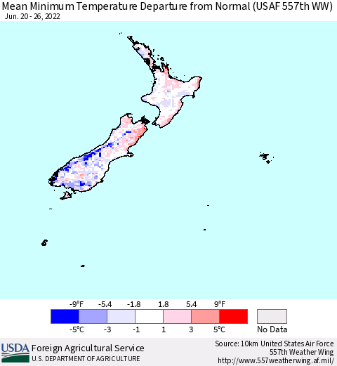 New Zealand Mean Minimum Temperature Departure from Normal (USAF 557th WW) Thematic Map For 6/20/2022 - 6/26/2022