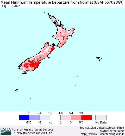 New Zealand Mean Minimum Temperature Departure from Normal (USAF 557th WW) Thematic Map For 8/1/2022 - 8/7/2022
