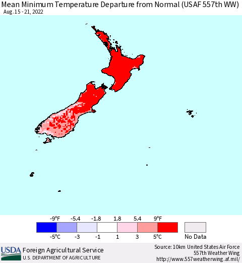 New Zealand Mean Minimum Temperature Departure from Normal (USAF 557th WW) Thematic Map For 8/15/2022 - 8/21/2022