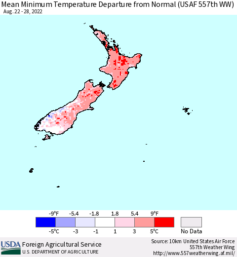 New Zealand Mean Minimum Temperature Departure from Normal (USAF 557th WW) Thematic Map For 8/22/2022 - 8/28/2022