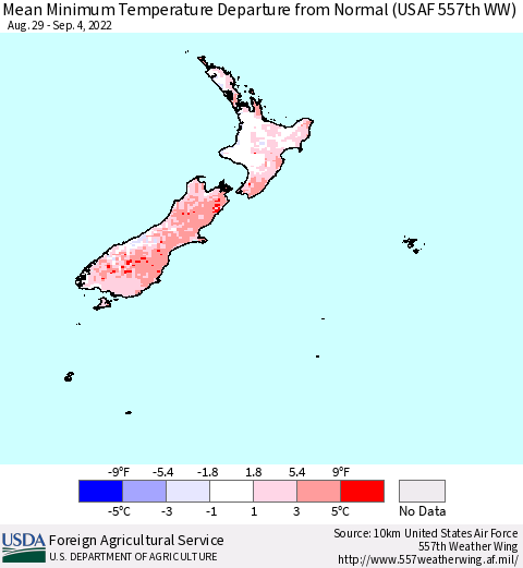 New Zealand Mean Minimum Temperature Departure from Normal (USAF 557th WW) Thematic Map For 8/29/2022 - 9/4/2022