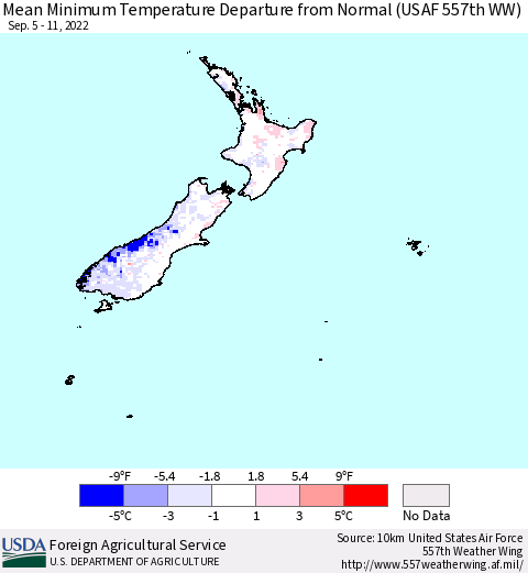 New Zealand Mean Minimum Temperature Departure from Normal (USAF 557th WW) Thematic Map For 9/5/2022 - 9/11/2022