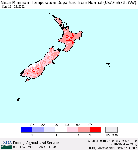 New Zealand Mean Minimum Temperature Departure from Normal (USAF 557th WW) Thematic Map For 9/19/2022 - 9/25/2022