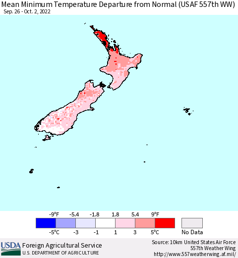 New Zealand Mean Minimum Temperature Departure from Normal (USAF 557th WW) Thematic Map For 9/26/2022 - 10/2/2022
