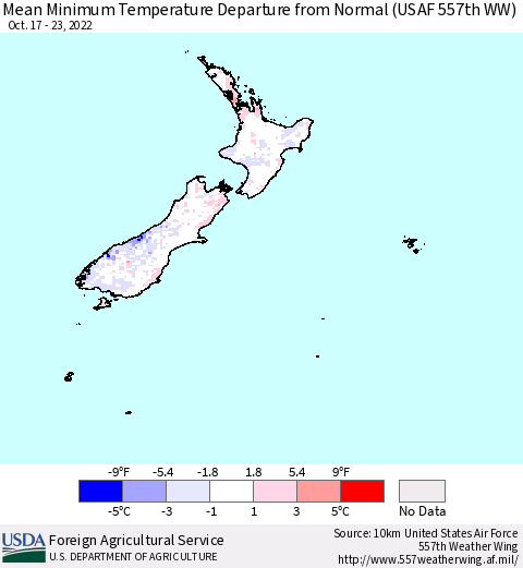 New Zealand Mean Minimum Temperature Departure from Normal (USAF 557th WW) Thematic Map For 10/17/2022 - 10/23/2022