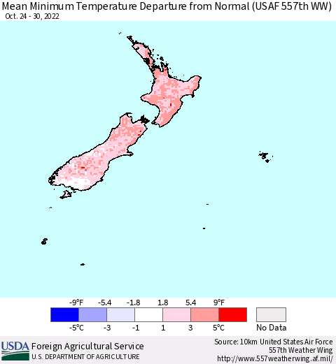 New Zealand Mean Minimum Temperature Departure from Normal (USAF 557th WW) Thematic Map For 10/24/2022 - 10/30/2022