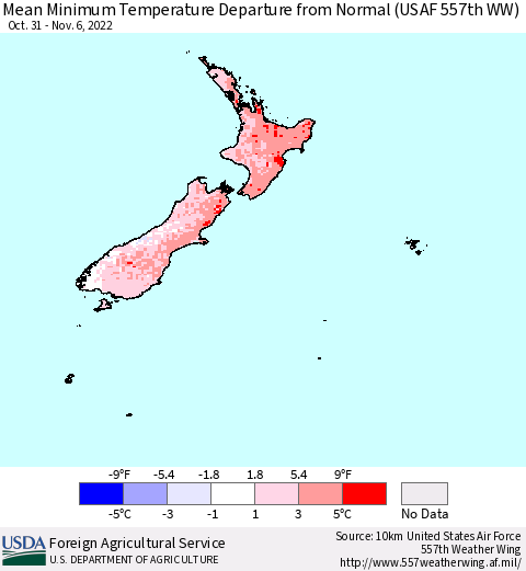 New Zealand Mean Minimum Temperature Departure from Normal (USAF 557th WW) Thematic Map For 10/31/2022 - 11/6/2022
