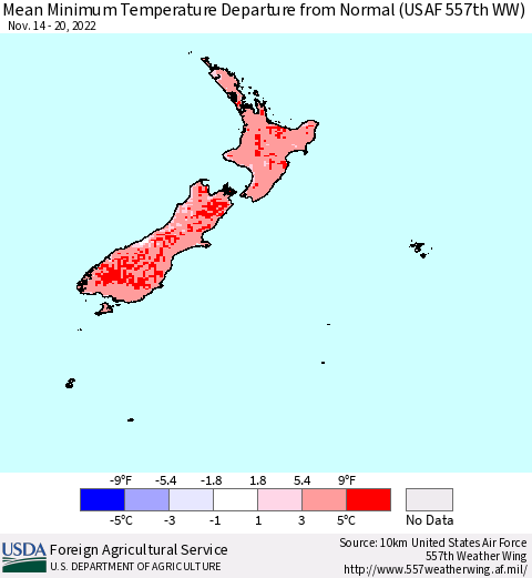 New Zealand Mean Minimum Temperature Departure from Normal (USAF 557th WW) Thematic Map For 11/14/2022 - 11/20/2022