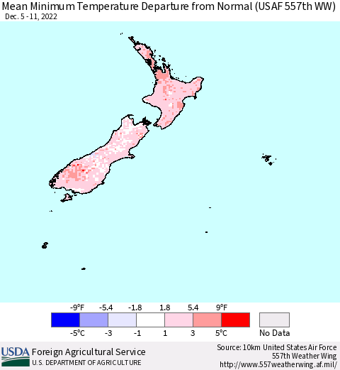New Zealand Mean Minimum Temperature Departure from Normal (USAF 557th WW) Thematic Map For 12/5/2022 - 12/11/2022