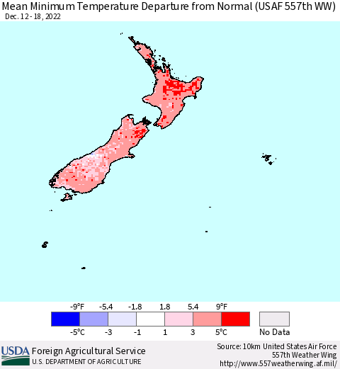 New Zealand Mean Minimum Temperature Departure from Normal (USAF 557th WW) Thematic Map For 12/12/2022 - 12/18/2022
