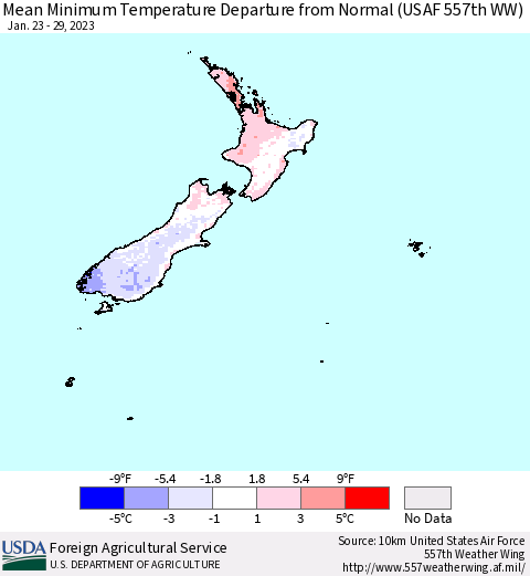 New Zealand Mean Minimum Temperature Departure from Normal (USAF 557th WW) Thematic Map For 1/23/2023 - 1/29/2023