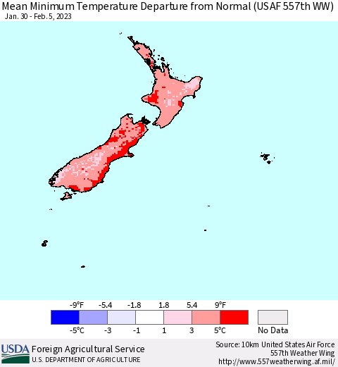 New Zealand Mean Minimum Temperature Departure from Normal (USAF 557th WW) Thematic Map For 1/30/2023 - 2/5/2023