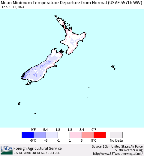 New Zealand Mean Minimum Temperature Departure from Normal (USAF 557th WW) Thematic Map For 2/6/2023 - 2/12/2023