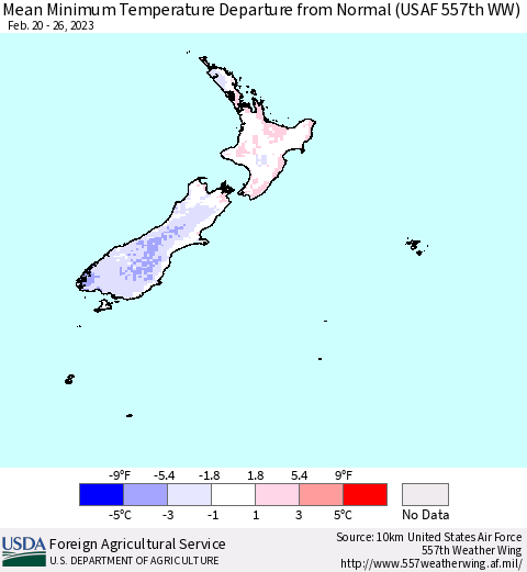 New Zealand Mean Minimum Temperature Departure from Normal (USAF 557th WW) Thematic Map For 2/20/2023 - 2/26/2023
