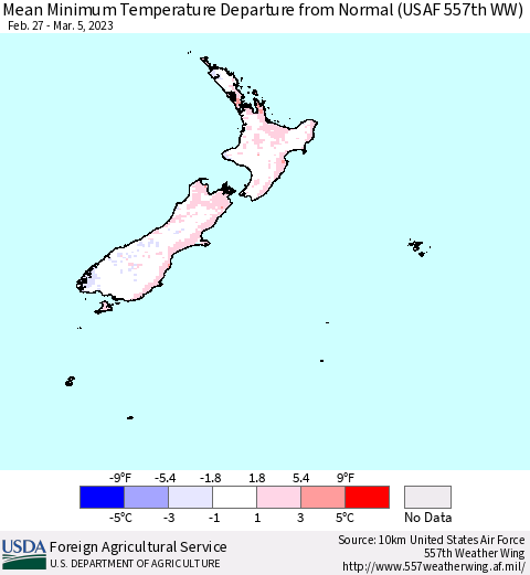 New Zealand Mean Minimum Temperature Departure from Normal (USAF 557th WW) Thematic Map For 2/27/2023 - 3/5/2023