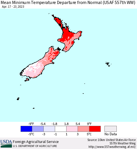 New Zealand Mean Minimum Temperature Departure from Normal (USAF 557th WW) Thematic Map For 4/17/2023 - 4/23/2023