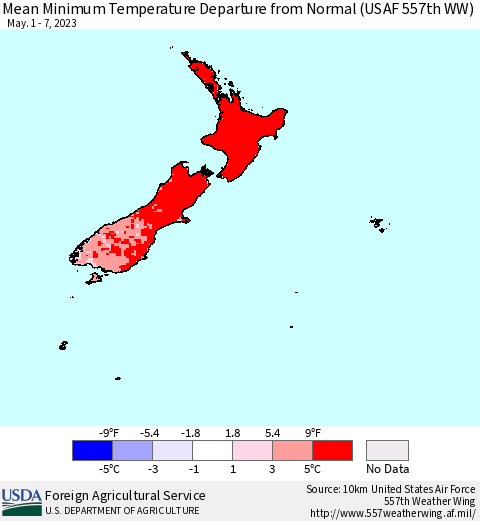 New Zealand Mean Minimum Temperature Departure from Normal (USAF 557th WW) Thematic Map For 5/1/2023 - 5/7/2023