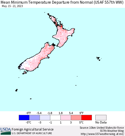 New Zealand Mean Minimum Temperature Departure from Normal (USAF 557th WW) Thematic Map For 5/15/2023 - 5/21/2023