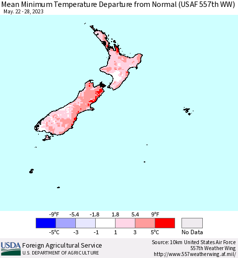 New Zealand Mean Minimum Temperature Departure from Normal (USAF 557th WW) Thematic Map For 5/22/2023 - 5/28/2023