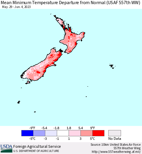 New Zealand Mean Minimum Temperature Departure from Normal (USAF 557th WW) Thematic Map For 5/29/2023 - 6/4/2023